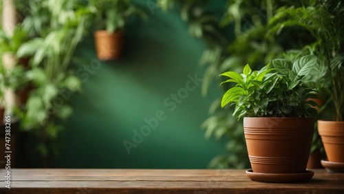 Brown wooden table with potted plants