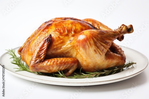 Tasty roast chicken on a ceramic tile against a white background