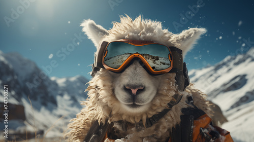 sheep in mountains. Skiing. Jumping skier. Extreme winter sports.