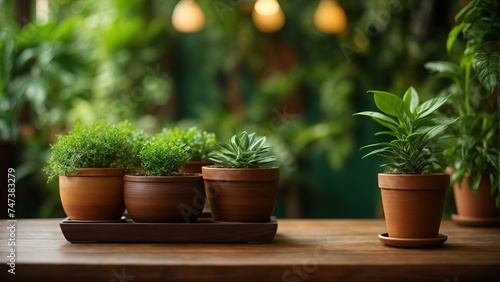 Brown wooden table with potted plants © Zahfran