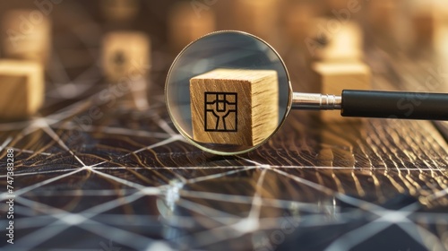 Exploring hr: magnifying glass focuses on manager icon on wooden block, network connection for organizational structure. Conceptual image for human resources management and employment headhunting photo
