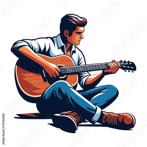 Musician man playing guitar acoustic vector illustration, male guitarist performing music, String instrument player design template isolated on white background