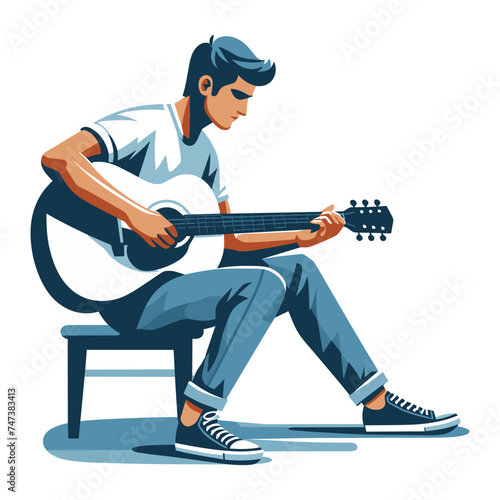 Musician man playing guitar acoustic vector illustration, male guitarist performing music, String instrument player design template isolated on white background