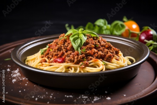 Juicy spaghetti bolognese on a metal tray against a white background