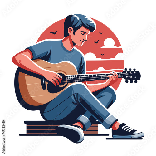 Musician man playing guitar acoustic vector illustration, male guitarist performing music, String instrument player design template isolated on white background