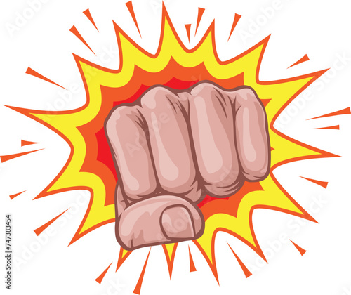 A fist hand punching in a comic book pop art cartoon illustration style. With an explosion in the background