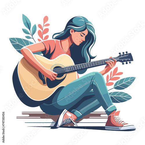 Musician woman playing guitar acoustic vector illustration, female guitarist performing music, String instrument player design template isolated on white background