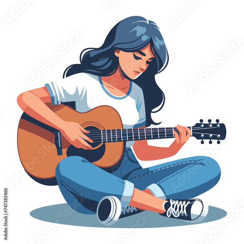Musician woman playing guitar acoustic vector illustration, female guitarist performing music, String instrument player design template isolated on white background