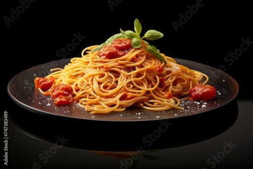 Juicy spaghetti on a slate plate against a white background
