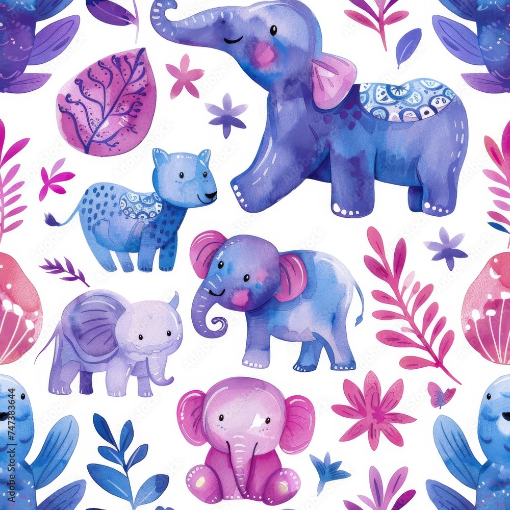 purple, pink and blue animal print, pastel watercolor, cartoon, on white background. ai generated