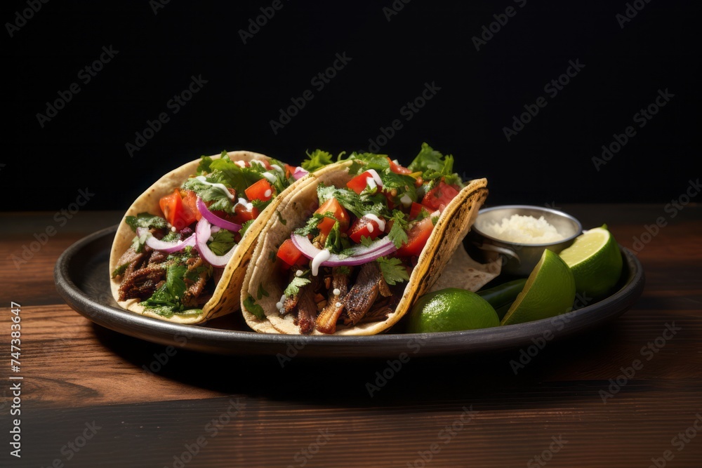 Juicy tacos on a rustic plate against a white background Juicy tacos on a rustic plate against a white background