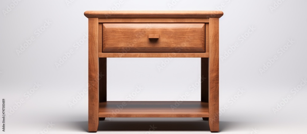 A small wooden table with a drawer on top of it, designed as a nightstand for bedroom use. The table is isolated against a plain background. A small wooden table with a drawer on top of it, designed as a nightstand for bedroom use. The table is isolated against a plain background.