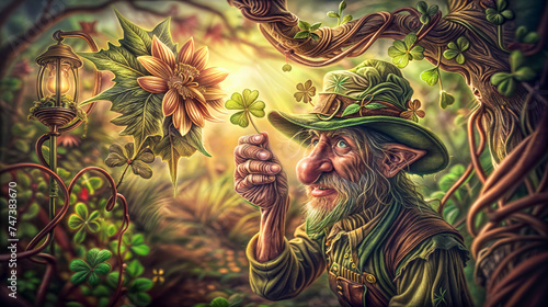 Enchanted forest scene with a tree spirit resembling a leprechaun, wearing a hat adorned with clovers, amidst twisted trees and glowing sunlight filtering through. photo