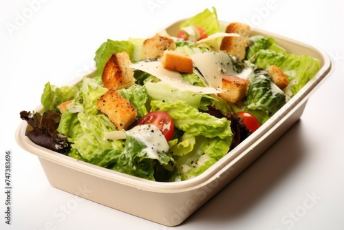 Exquisite caesar salad in a bento box against a white background