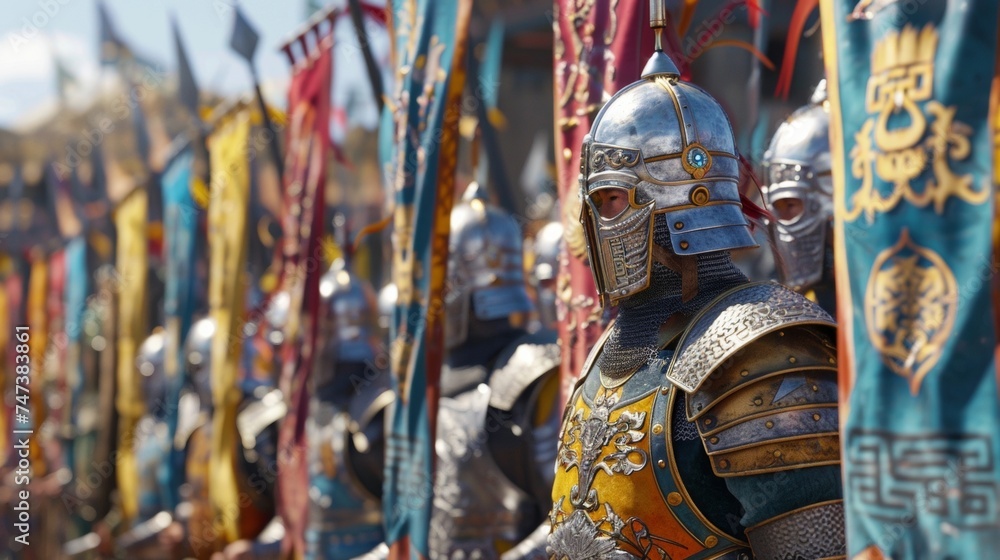 Naklejka premium A row of Mongol hor stands tall and proud their colorful banners and elaborate armor a symbol of their loyalty and allegiance to the empire.