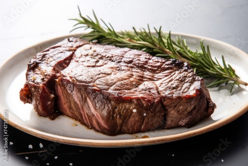 Tasty medium rare ribeye steak on a rustic plate against a white background