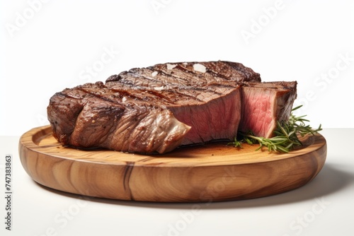 Tasty medium rare ribeye steak on a rustic plate against a white background