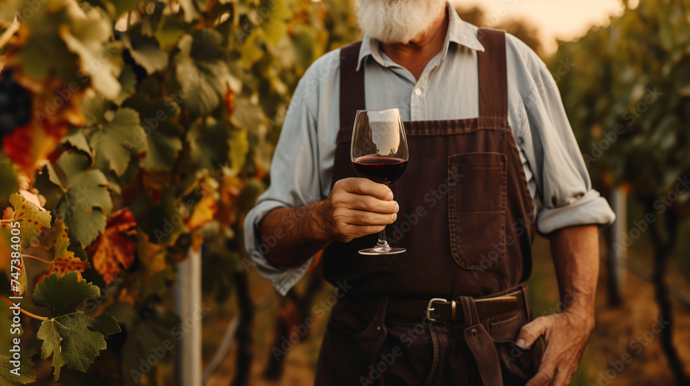 Senior Winemaker Evaluating Red Wine in Vineyard at Sunset.