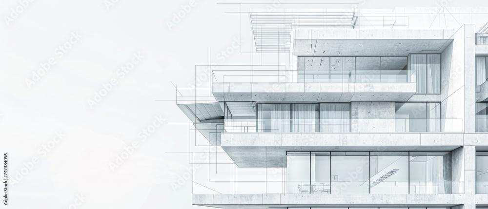 Architectural concept of a a modern concrete house design with translucent overlay of architectural lines, blending realism with planning Architectural concept of a a modern concrete house design with translucent overlay of architectural lines, blending realism with planning