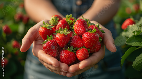 Close up of woman hands holding fresh ripe strawberries in the garden.