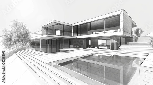 A detailed pencil sketch shows a layered modern home design with expansive windows and a pool, surrounded by a natural landscape © mikeosphoto