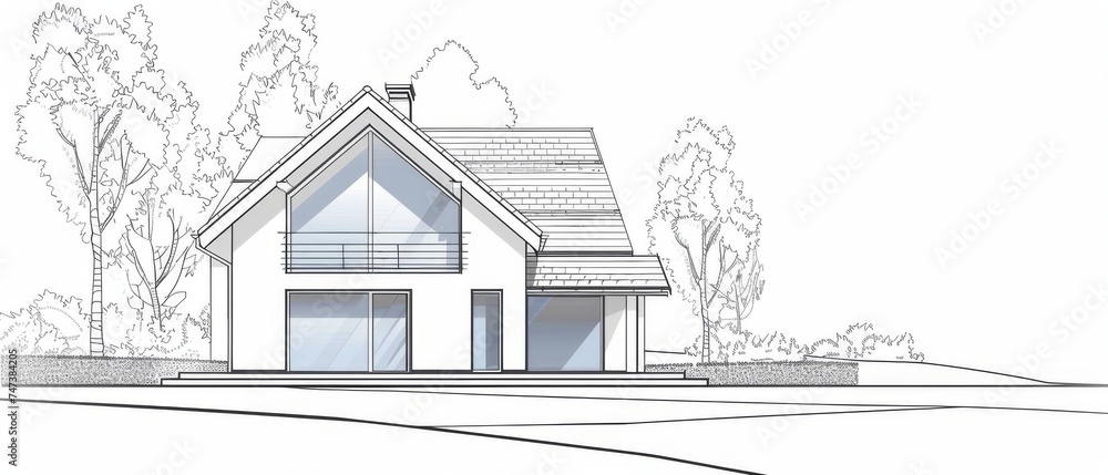 Pencil sketch of a traditional gabled house with large windows, set in a tranquil environment with detailed tree outlines