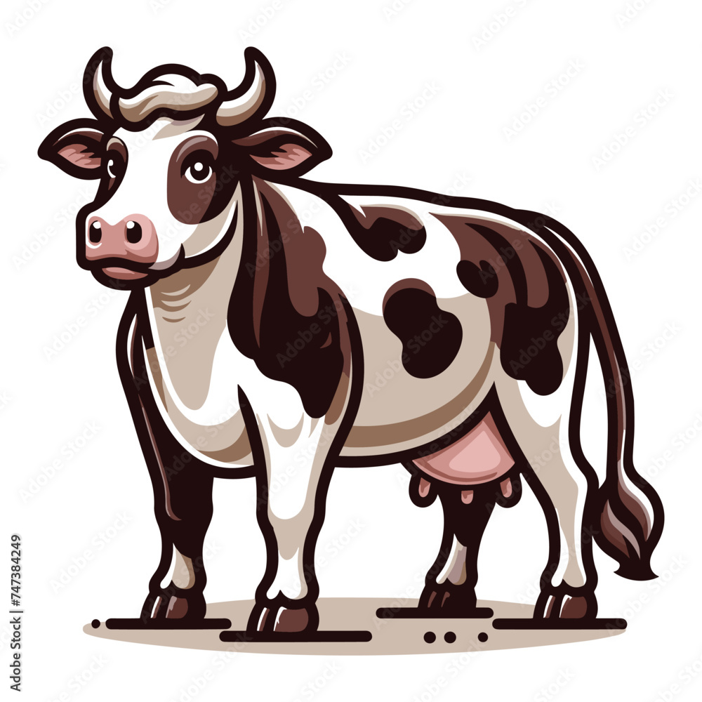 Fototapeta premium Cow full body vector illustration, farm pet, animal livestock, for butchery meat shop and dairy milk product, agriculture concept, design template isolated on white background