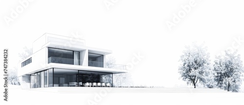 Minimalist architectural sketch of modern house with clear lines against a white backdrop