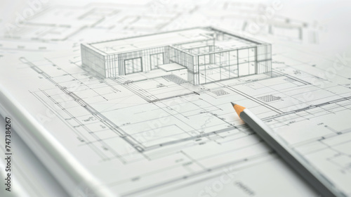Close-up of an architectural blueprint with a sharp pencil, highlighting detailed planning of a modern structure