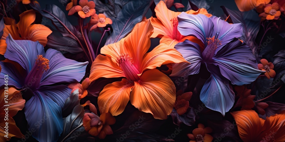 purple flowers and orange leaves on a dark background