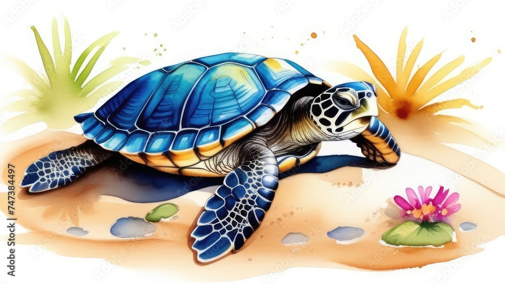 cute turtle on the sandy shore, among tropical flowers on a white background, travel concept, watercolor style,