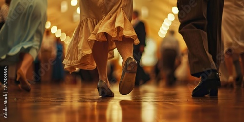 Elderly couples twirling in a dance class, a close-up showing their feet moving in sync and faces lit up with happiness, concept of Harmony of movement
