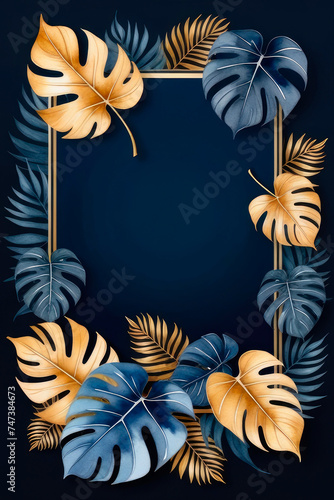 Watercolor nature leaf texture design with golden line arts on dark blue background.