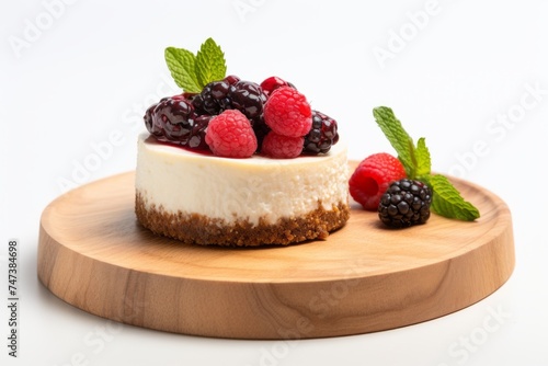 Tasty cheesecake on a wooden board against a white background