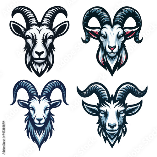 Set of goat head face logo vector illustration, farm pet, animal livestock, for butchery meat shop and dairy milk product, agriculture concept, design template isolated on white background