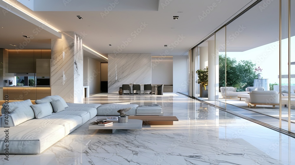 Fototapeta premium Spacious contemporary living room interior mockup: modern luxury design, bright & inviting ambiance, 3d rendered illustration