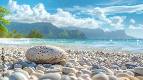 stone in front of bright tropical beach background