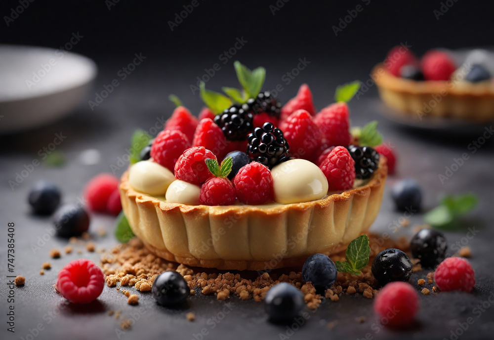 food photography featuring a beautiful berry and cream tartlet prepared molecular gastronomy style and beautifully decorated with intricate details food photography featuring a beautiful berry and cream tartlet prepared molecular gastronomy style and beautifully decorated with intricate details
