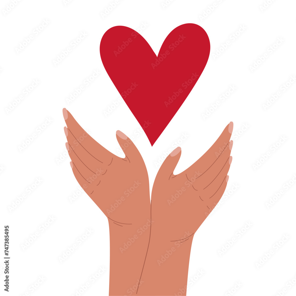Obraz premium Conceptual vector image: love in hands. Hands reach for the heart. Flat cartoon style
