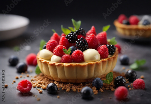 food photography featuring a beautiful berry and cream tartlet prepared molecular gastronomy style and beautifully decorated with intricate details