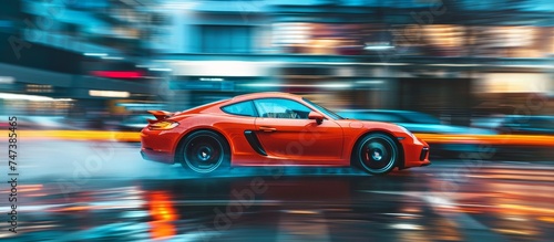 super car is speeding on urban asphalt in the morning blurred background © Media Srock