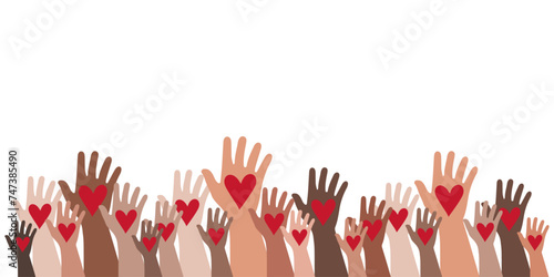 Conceptual vector image: hands with hearts. Flat cartoon style