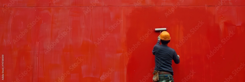 worker is painting a red wall of a house , all worker wearing safety helmet , worker using roller to paint the wall worker is painting a red wall of a house , all worker wearing safety helmet , worker using roller to paint the wall