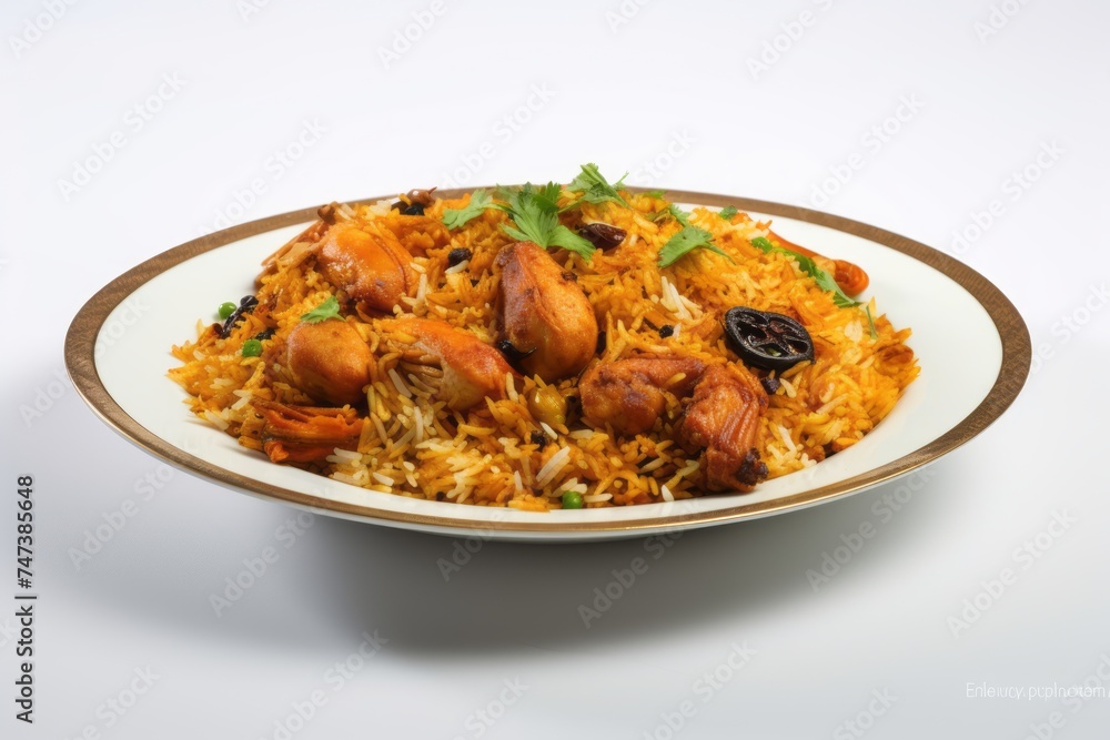 Refined biryani on a porcelain platter against a white background Refined biryani on a porcelain platter against a white background