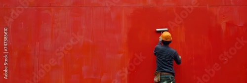 worker is painting a red wall of a house , all worker wearing safety helmet , worker using roller to paint the wall