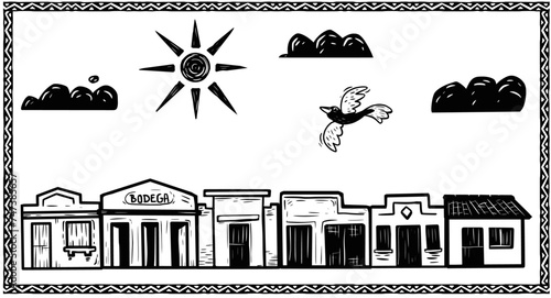 small town in the interior of Northeast Brazil. woodcut style