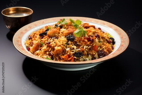 Refined biryani on a porcelain platter against a white background