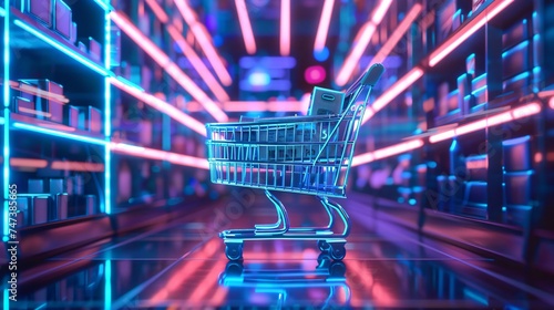 A digital shopping cart navigating through a cybernetic space collecting floating products enveloped in blue neon light