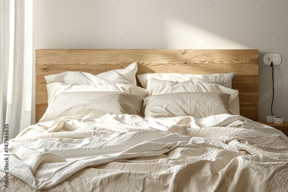 a bed with a wooden headboard and white sheets a bed with a wooden headboard and white sheets