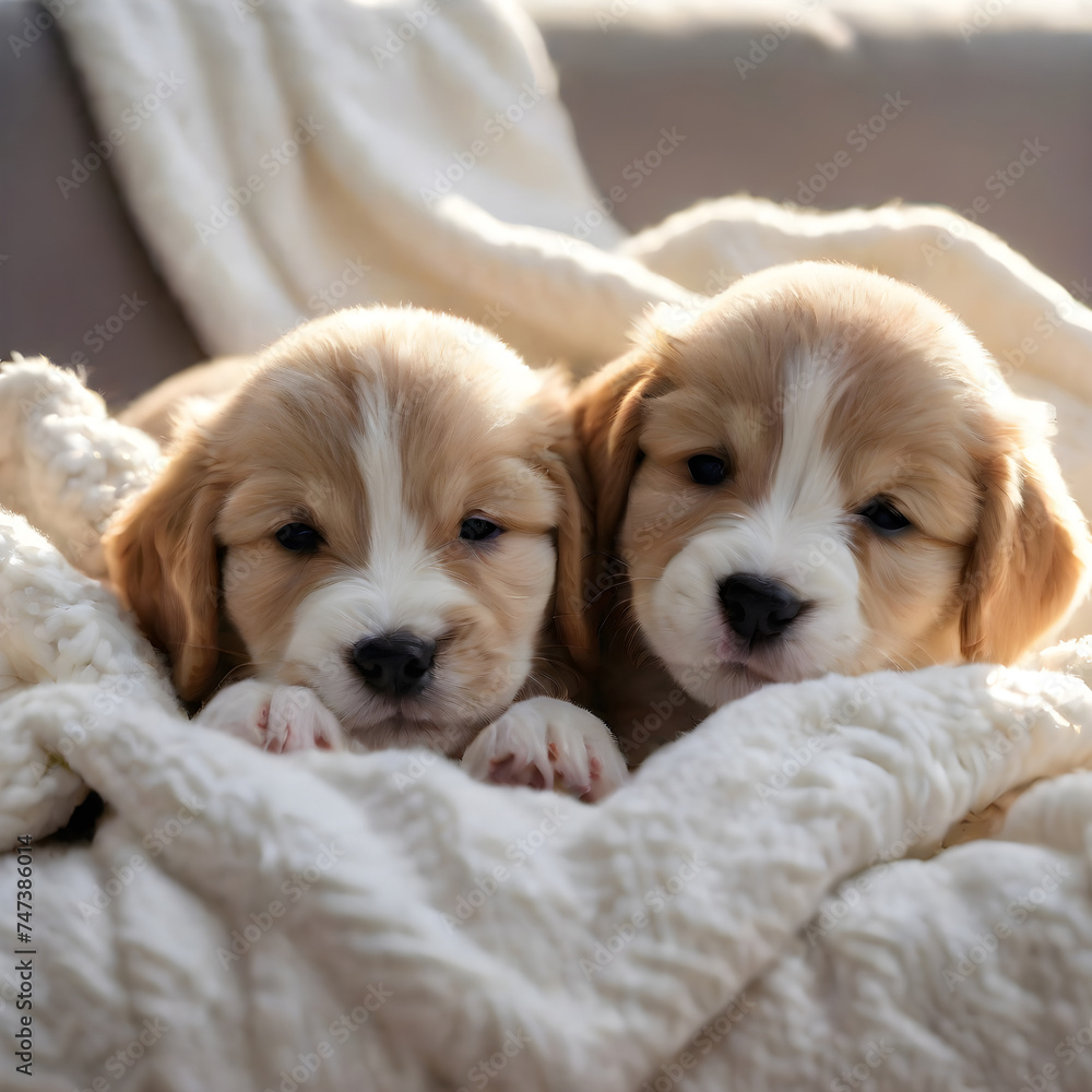 envision a pile of snugly puppies nestled together on a soft blanket with sunlight streaming in room. ai generative